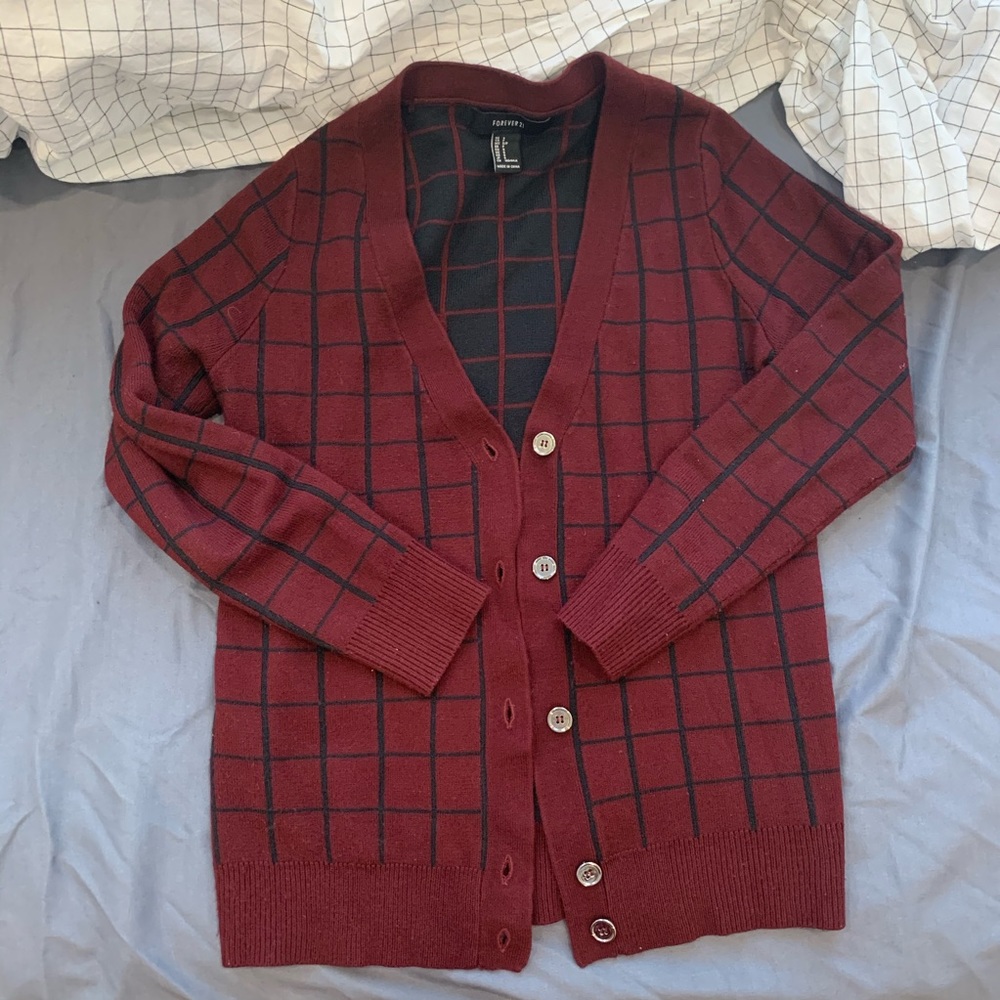 F21 burgundy windowpane cardigan - size small